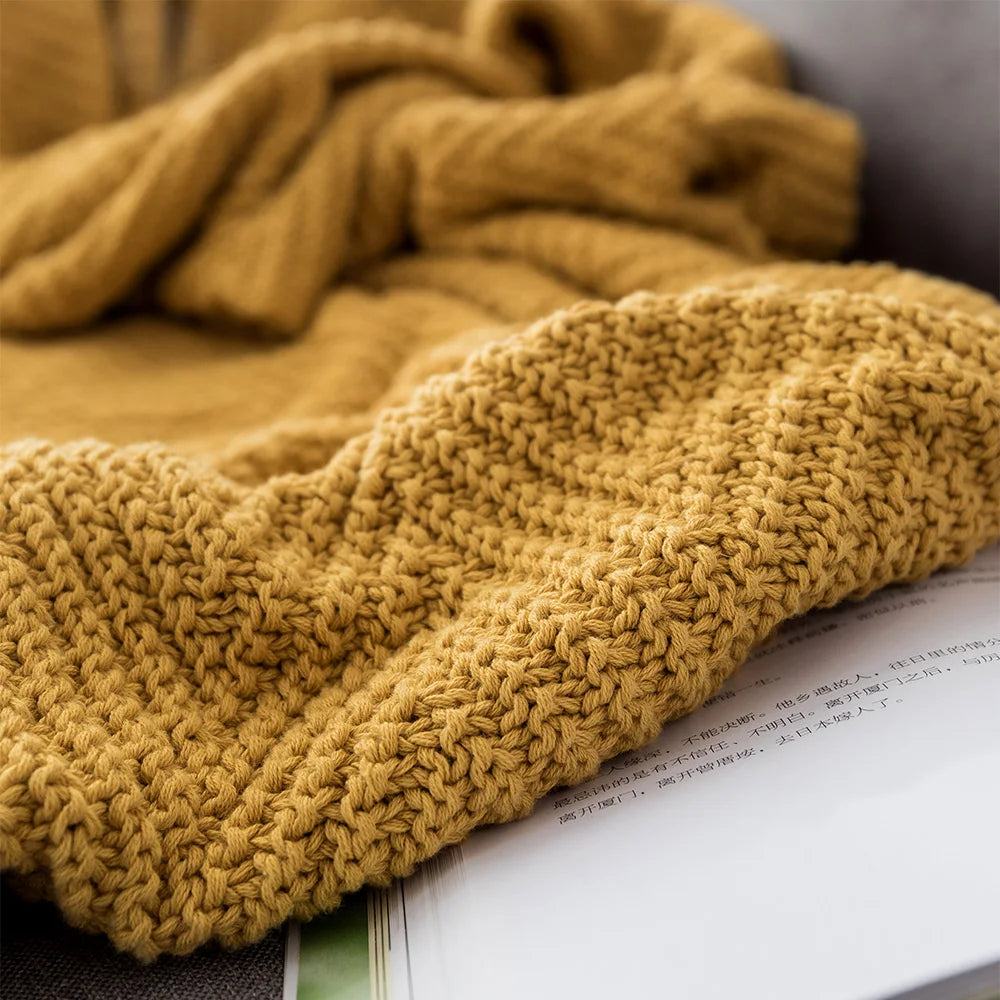 Mustard Yellow Knit Throw with Tassels Fringe Blanket - Brasss Living