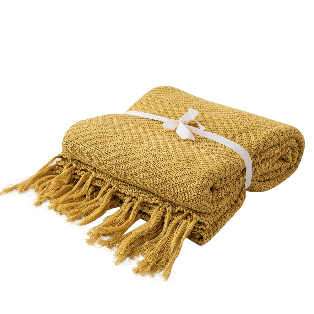 Mustard Yellow Knit Throw with Tassels Fringe Blanket - Brasss Living