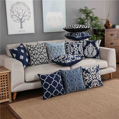 Navy White Quatrefoil Embroidered Pillow Cushion Cover - Brasss Living