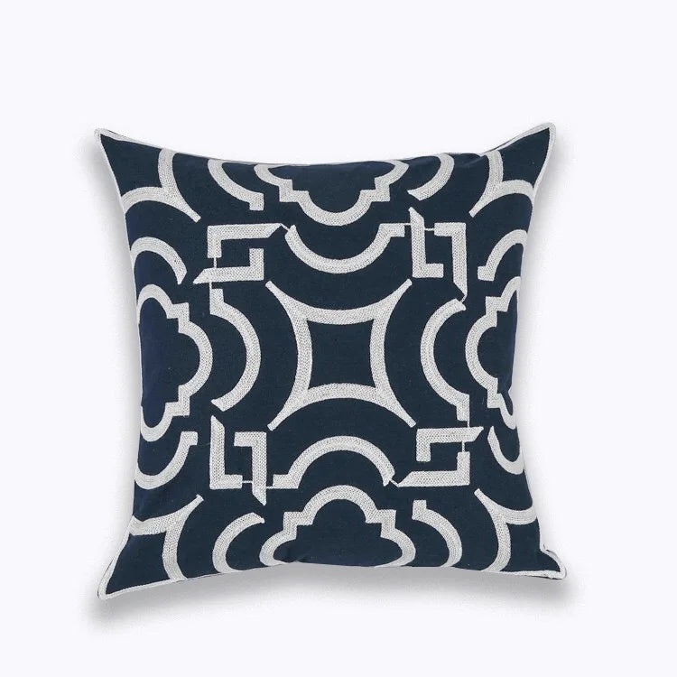 Navy White Quatrefoil Embroidered Pillow Cushion Cover - Brasss Living