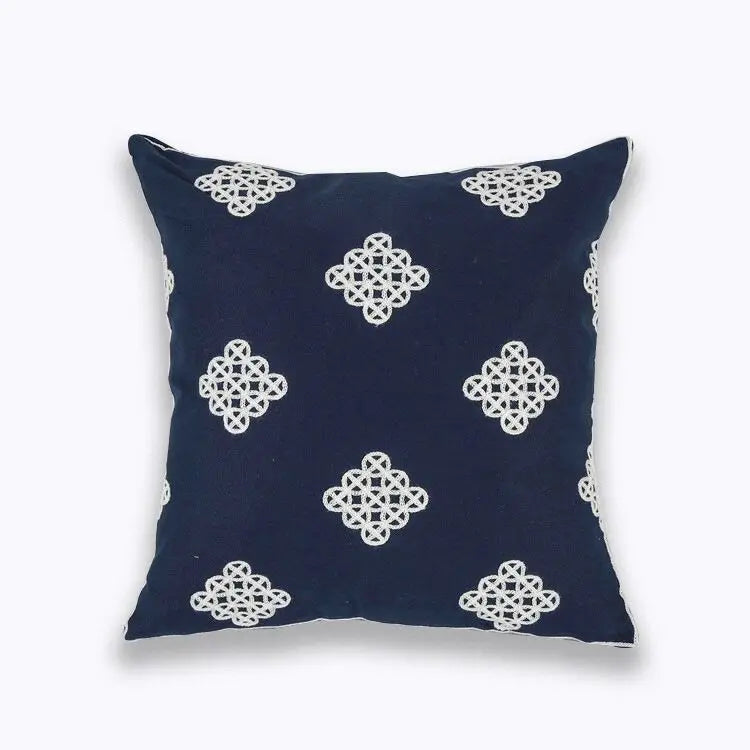 Navy White Quatrefoil Embroidered Pillow Cushion Cover - Brasss Living