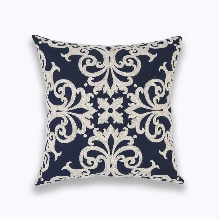 Navy White Quatrefoil Embroidered Pillow Cushion Cover - Brasss Living