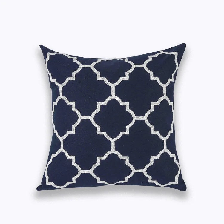 Navy White Quatrefoil Embroidered Pillow Cushion Cover - Brasss Living