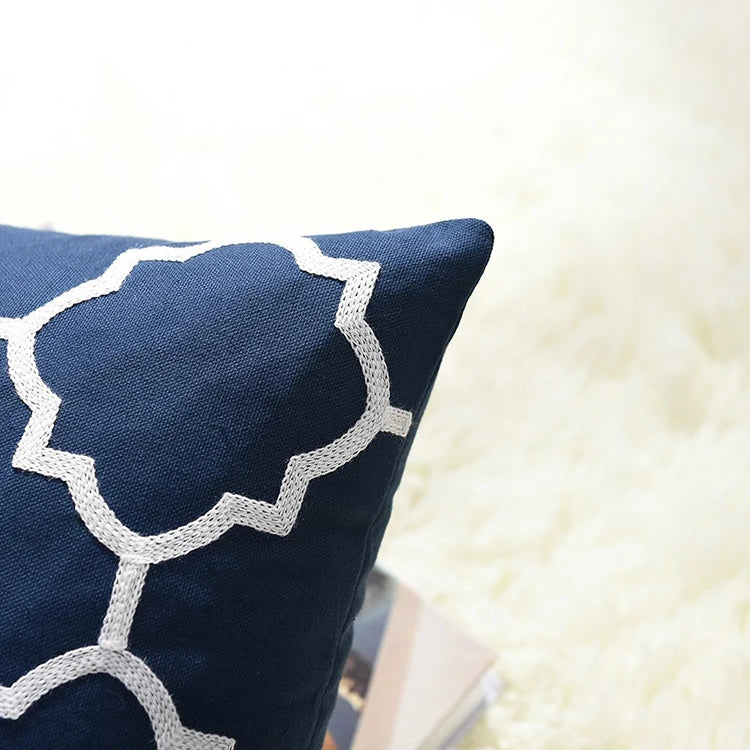 Navy White Quatrefoil Embroidered Pillow Cushion Cover - Brasss Living