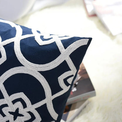 Navy White Quatrefoil Embroidered Pillow Cushion Cover - Brasss Living