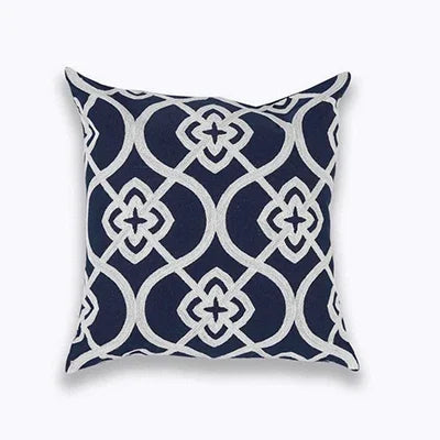 Navy White Quatrefoil Embroidered Pillow Cushion Cover - Brasss Living