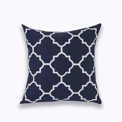 Navy White Quatrefoil Embroidered Pillow Cushion Cover - Brasss Living