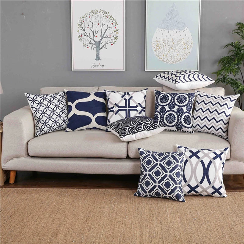 Navy White Quatrefoil Embroidered Pillow Cushion Cover - Brasss Living