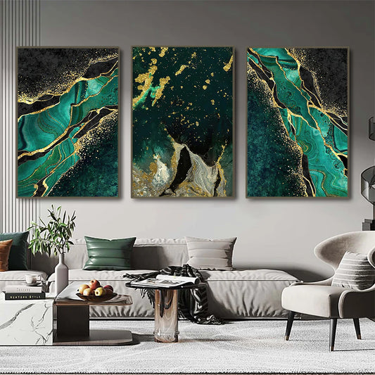 Nordic Abstract Green Marble Texture Golden Foil Canvas Wall Art - Brasss Living