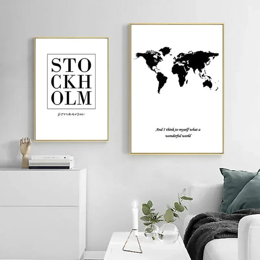 Nordic Minimalist Black White World Map Canvas Wall Art Prints - Brasss Living