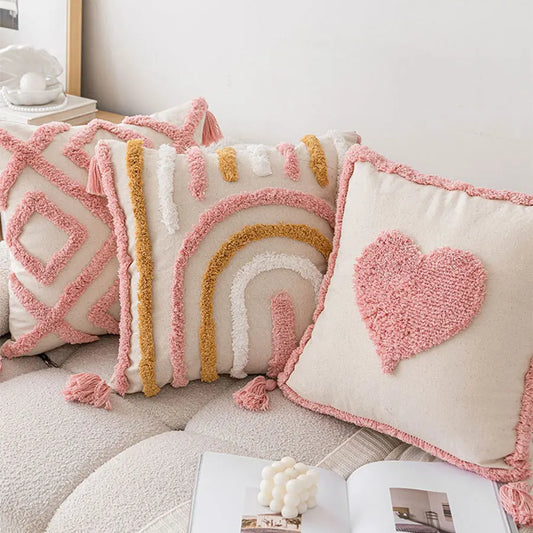 Pink Cotton Tufted Pillow Cover With Tassels - Brasss Living