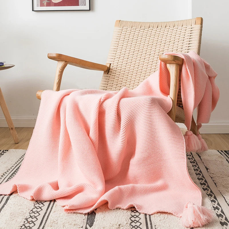 Plain Blanket Sofa Knit Throw Solid Soft PomPom Tassels - Brasss Living