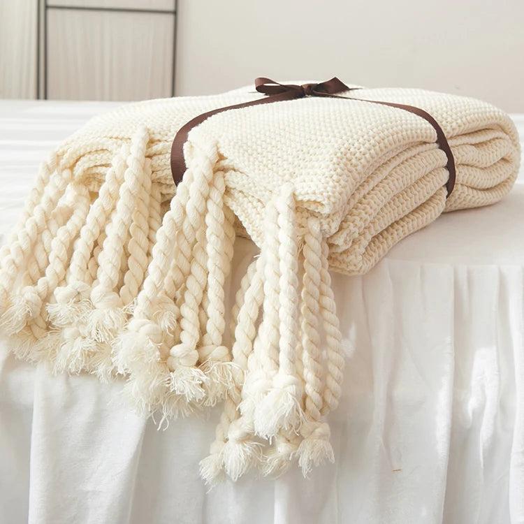 Plain Blanket Sofa Knit Throw Solid Soft PomPom Tassels - Brasss Living