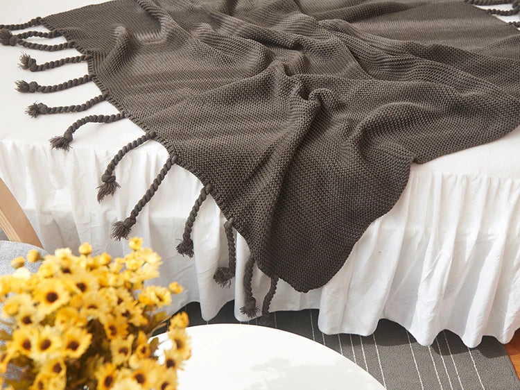 Plain Blanket Sofa Knit Throw Solid Soft PomPom Tassels - Brasss Living