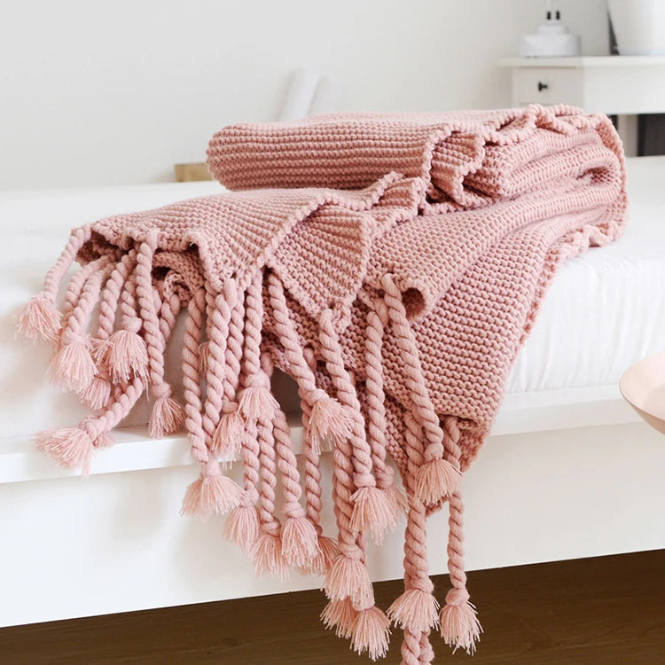 Plain Blanket Sofa Knit Throw Solid Soft PomPom Tassels - Brasss Living