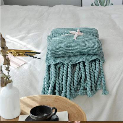 Plain Blanket Sofa Knit Throw Solid Soft PomPom Tassels - Brasss Living