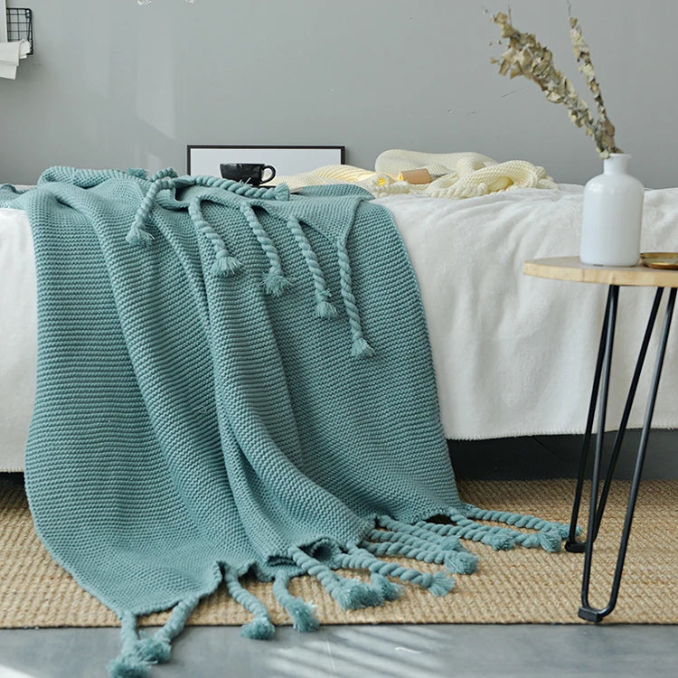 Plain Blanket Sofa Knit Throw Solid Soft PomPom Tassels - Brasss Living