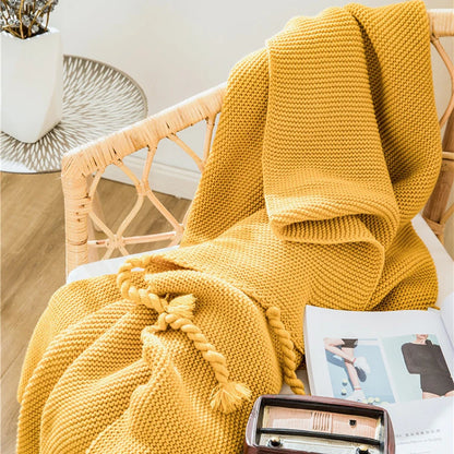 Plain Blanket Sofa Knit Throw Solid Soft PomPom Tassels - Brasss Living