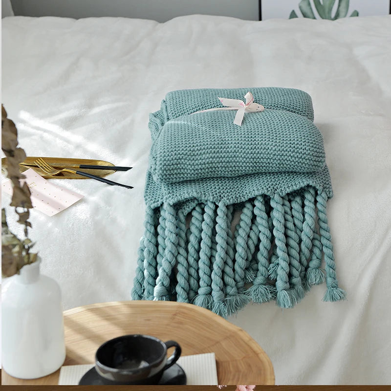 Plain Blanket Sofa Knit Throw Solid Soft PomPom Tassels - Brasss Living