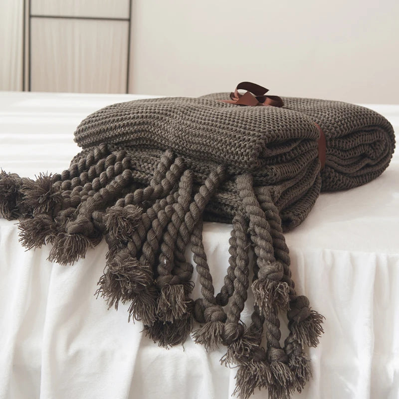 Plain Blanket Sofa Knit Throw Solid Soft PomPom Tassels - Brasss Living