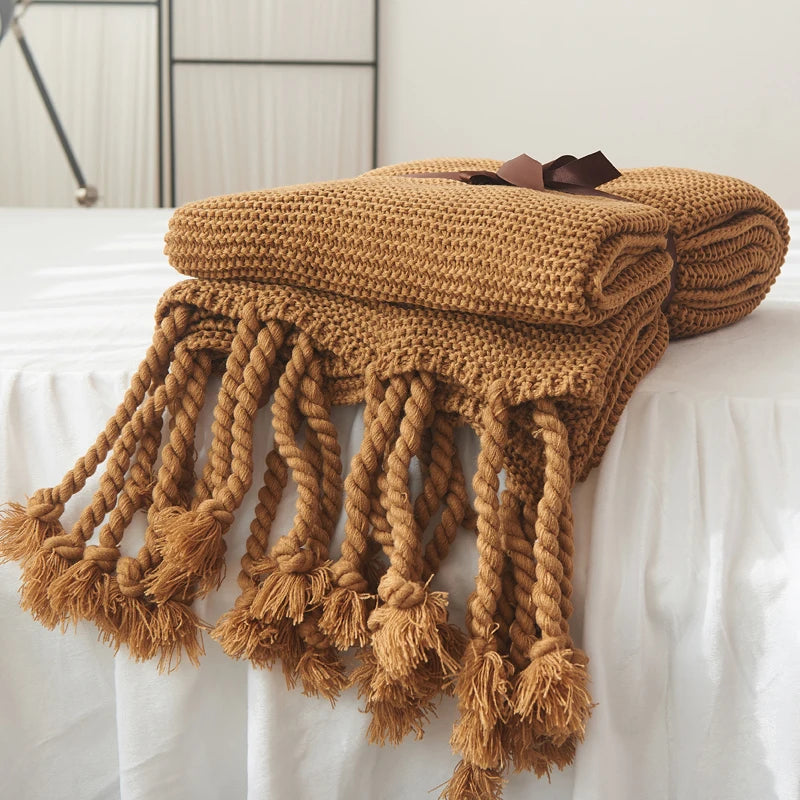 Plain Blanket Sofa Knit Throw Solid Soft PomPom Tassels - Brasss Living