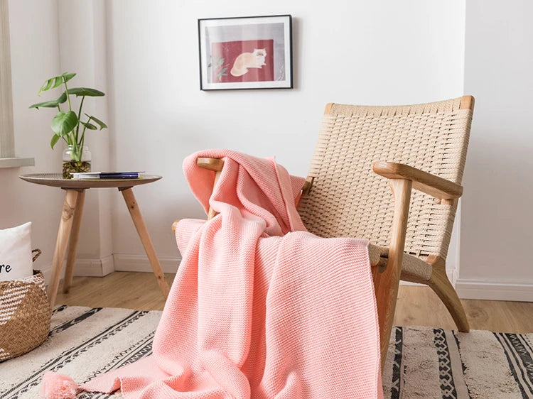 Plain Blanket Sofa Knit Throw Solid Soft PomPom Tassels - Brasss Living