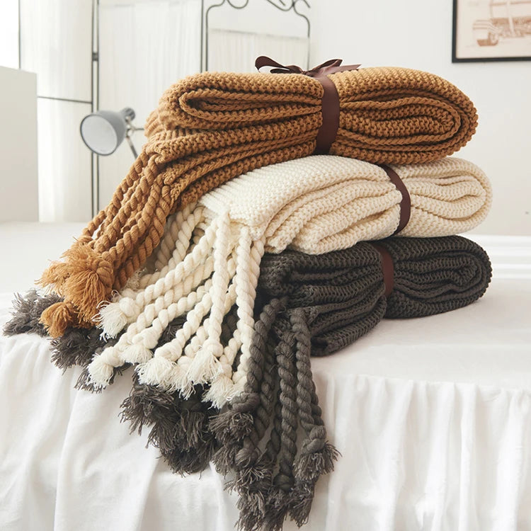 Plain Blanket Sofa Knit Throw Solid Soft PomPom Tassels - Brasss Living