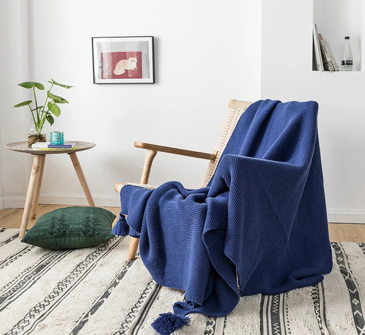 Royal Blue Solid Knit Throw with PomPom Tassels Blanket - Brasss Living