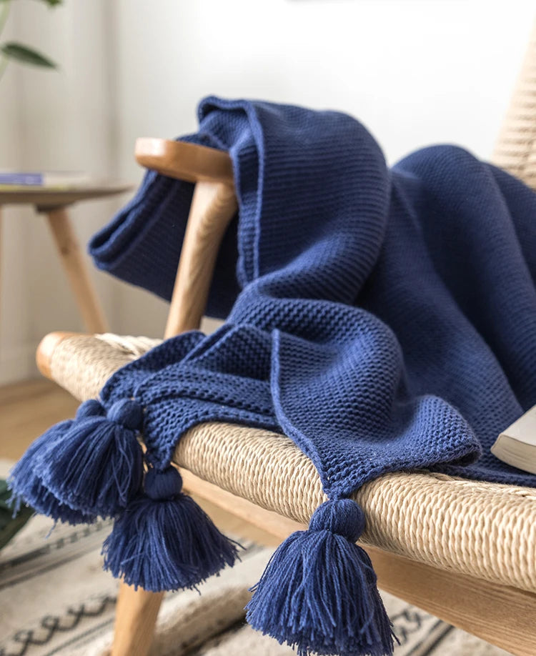 Royal Blue Solid Knit Throw with PomPom Tassels Blanket - Brasss Living