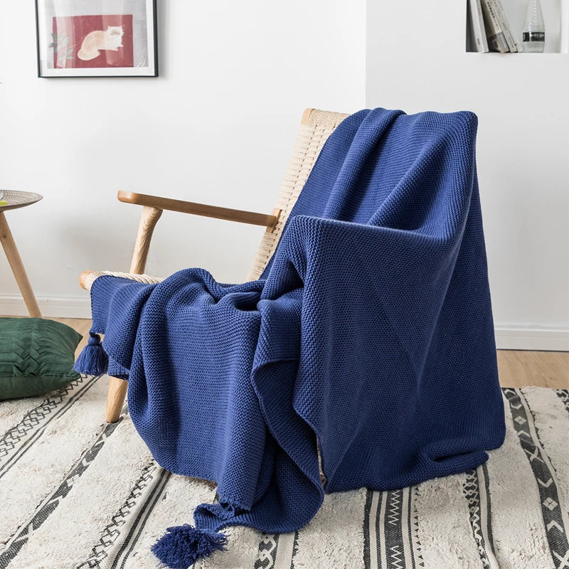 Royal Blue Solid Knit Throw with PomPom Tassels Blanket - Brasss Living