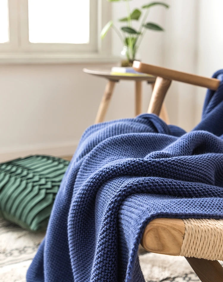 Royal Blue Solid Knit Throw with PomPom Tassels Blanket - Brasss Living