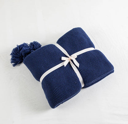 Royal Blue Solid Knit Throw with PomPom Tassels Blanket - Brasss Living