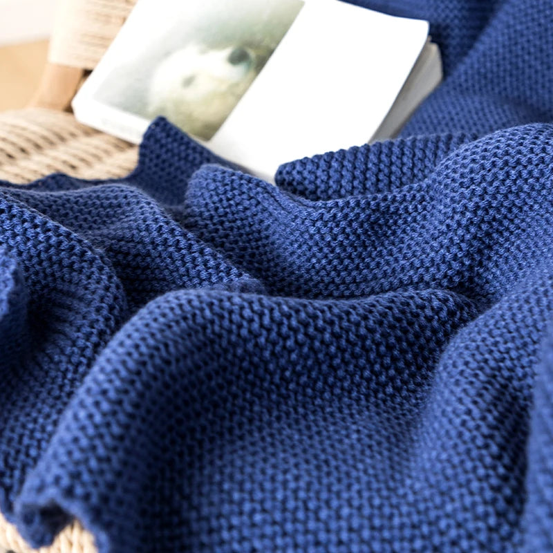 Royal Blue Solid Knit Throw with PomPom Tassels Blanket - Brasss Living