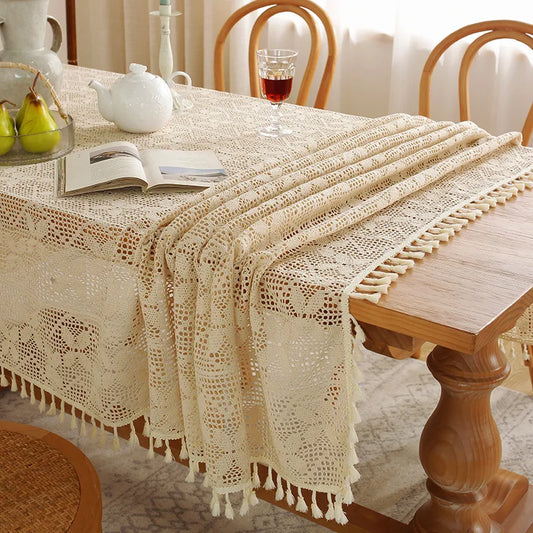 Rustic Handmade Crochet Woven Beige Dinner Tablecloth - Brasss Living