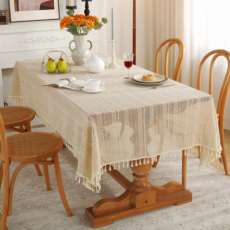 Rustic Handmade Crochet Woven Beige Dinner Tablecloth - Brasss Living