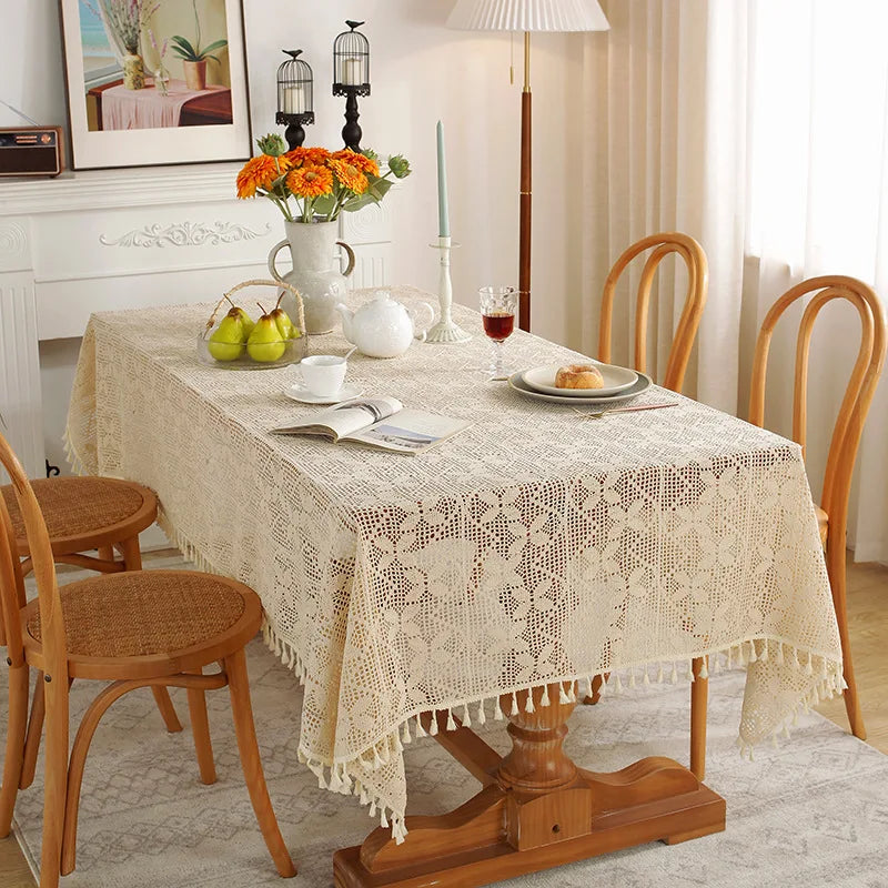 Rustic Handmade Crochet Woven Beige Dinner Tablecloth - Brasss Living