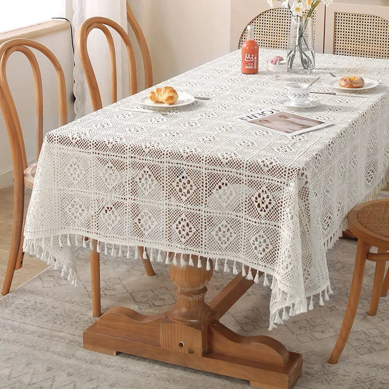 Rustic Handmade Crochet Woven Beige Dinner Tablecloth - Brasss Living