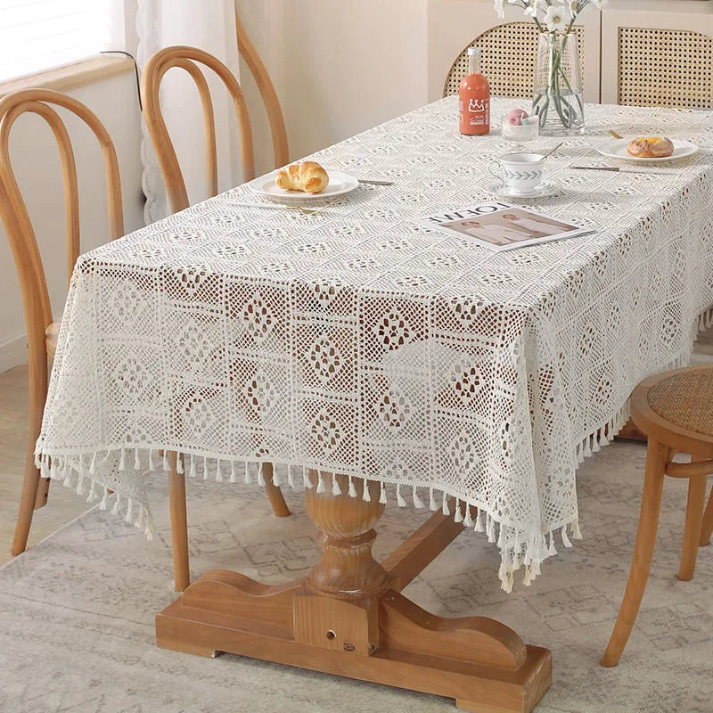 Rustic Handmade Crochet Woven Beige Dinner Tablecloth - Brasss Living