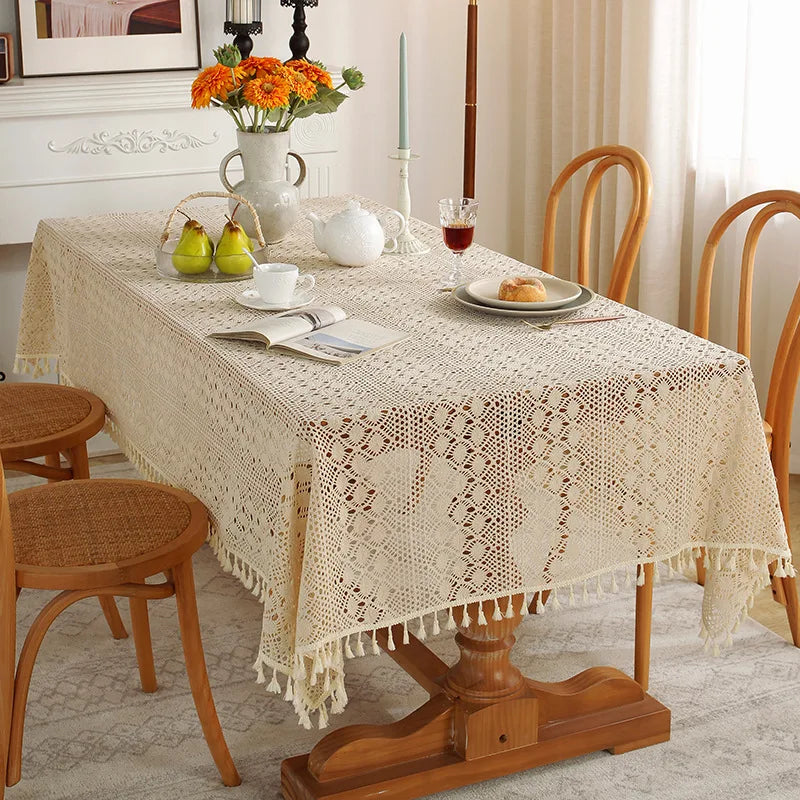 Rustic Handmade Crochet Woven Beige Dinner Tablecloth - Brasss Living