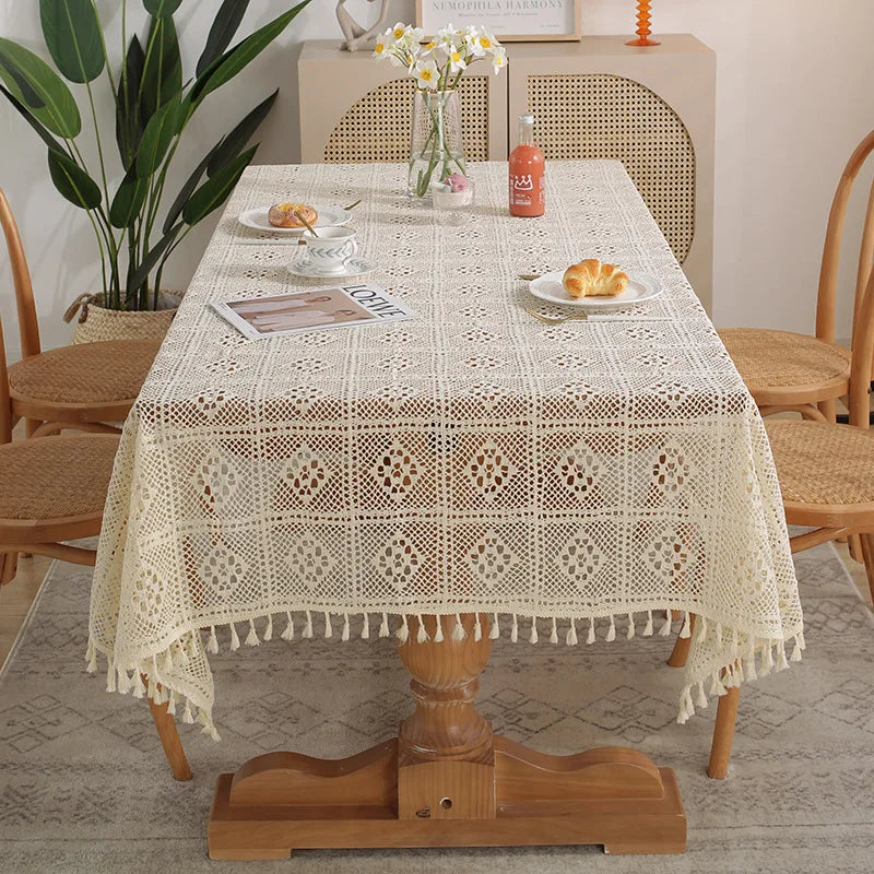 Rustic Handmade Crochet Woven Beige Dinner Tablecloth - Brasss Living