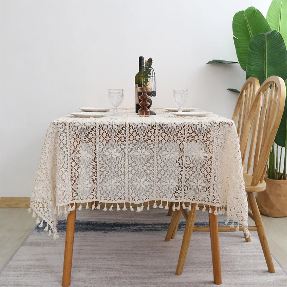 Rustic Handmade Crochet Woven Beige Dinner Tablecloth - Brasss Living