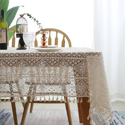 Rustic Handmade Crochet Woven Beige Dinner Tablecloth - Brasss Living