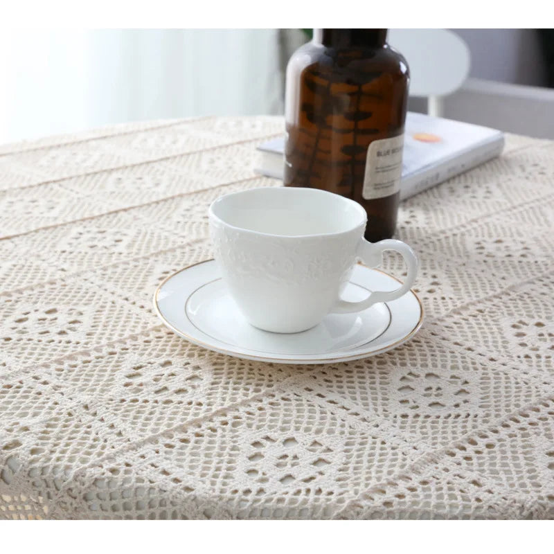 Rustic Handmade Crochet Woven Beige Dinner Tablecloth - Brasss Living