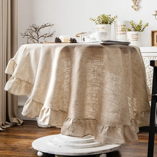 Simple Ruffle Tablecloth Cotton Linen Round Table Cover - Brasss Living