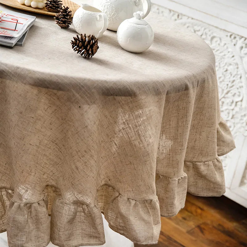 Simple Ruffle Tablecloth Cotton Linen Round Table Cover - Brasss Living