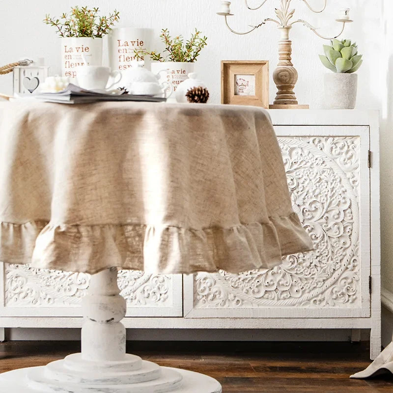 Simple Ruffle Tablecloth Cotton Linen Round Table Cover - Brasss Living