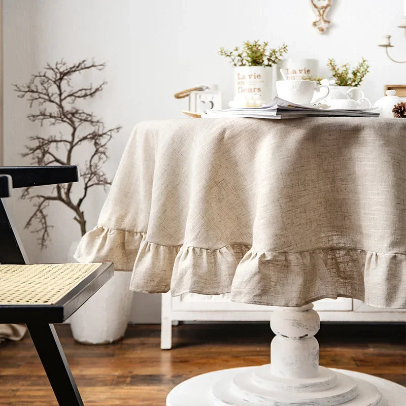 Simple Ruffle Tablecloth Cotton Linen Round Table Cover - Brasss Living