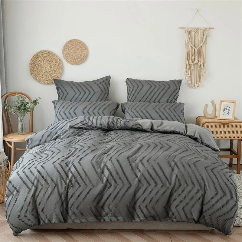 Simple Wave Striped Duvet Cover Set Solid Color Bedding - Brasss Living