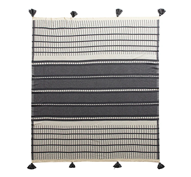 Sofa Knit Throw Blanket Tassles Cotton Grey Ivory Geometric - Brasss Living