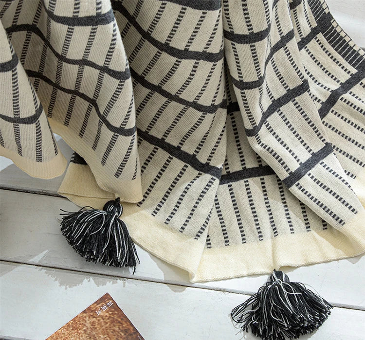 Sofa Knit Throw Blanket Tassles Cotton Grey Ivory Geometric - Brasss Living